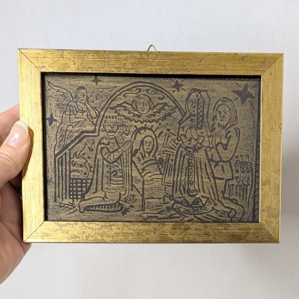 Antique Religious Engraved Copper Framed Plaque Nativity Christmas Manger Scene